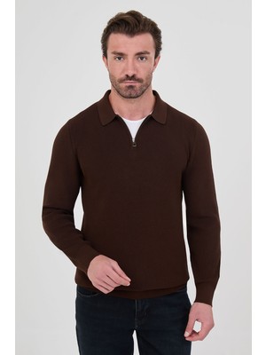MCR Fitilli Slim Fit Polo Yaka Fermuarlı Erkek Pamuk Triko Kazak