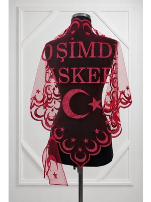 Azra Kına Kırmızı Simli O Şimdi Asker Yazılı, Asker, Sağdıç Kına Omuz Örtüsü, Kına Örtüsü, Asker Örtüsü Şalı, Söz Nişan Düğün Asker Kına Örtüsü