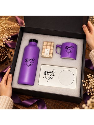 Bk Gift Kişiye Özel Isimli Mor Cam Suluk & Kahve Fincanı & Türk Kahvesi & Mdf Altlıklı - Hediye Kutulu Mor Set-4