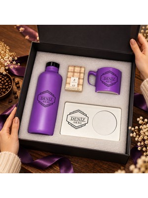 Bk Gift Kişiye Özel Isimli Mor Cam Suluk & Kahve Fincanı & Türk Kahvesi & Mdf Altlıklı - Hediye Kutulu Mor Set-3