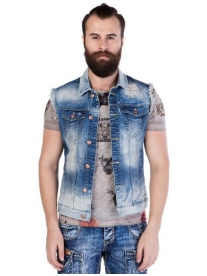 Cipo & Baxx Cipo&Baxx Erkek Mavi Kot Yelek CW107 Eskimiş Yırtıklı Dikişli Şık Stil Özelliğiyle