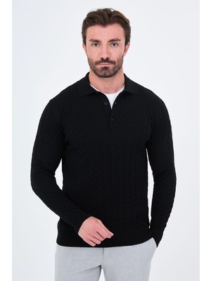 MCR Örgülü Slim Fit Polo Yaka Düğmeli Kaşmir Erkek Triko Kazak