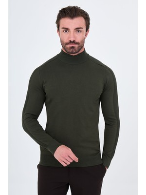 MCR Düz Slim Fit Yarım Balıkçı Yaka Kolu Fitilli Pamuk Erkek Triko Kazak