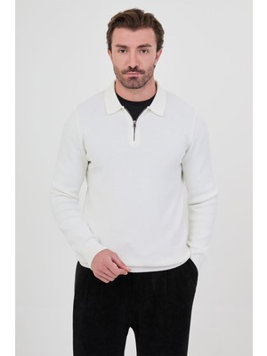 MCR Fitilli Slim Fit Polo Yaka Fermuarlı Erkek Pamuk Triko Kazak