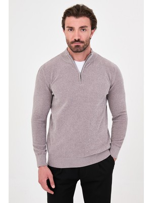 MCR Düz Slim Fit Dik Yaka Fermuarlı Şönil Erkek Triko Kazak
