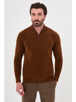 MCR Düz Slim Fit Dik Yaka Fermuarlı Şönil Erkek Triko Kazak