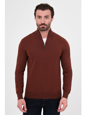 MCR Düz Slim Fit Dik Yaka Fermuarlı Pamuk Erkek Triko Kazak
