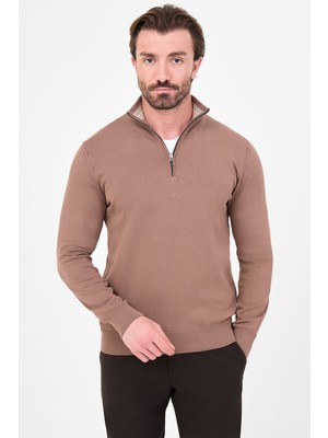 MCR Düz Slim Fit Dik Yaka Fermuarlı Pamuk Erkek Triko Kazak