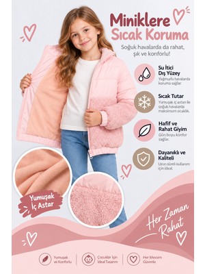 Ahengim Kız Çocuk Kapüşonlu Peluş Detaylı Şişme Mont Fermuarlı Sıcak Tutan Kışlık Ceket AK4291
