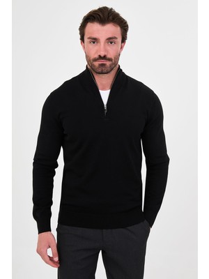 MCR Düz Slim Fit Dik Yaka Fermuarlı Pamuk Erkek Triko Kazak