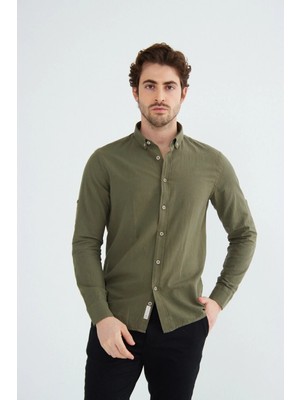 Ravanelli Sarte - Erkek Slim Fit Dar Kesim Düğmeli Yaka Keten Görünümlü %100 Pamuk Flamlı Gömlek