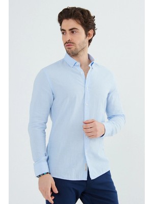 Ravanelli Sarte - Erkek Slim Fit Dar Kesim Düğmeli Yaka Keten Görünümlü %100 Pamuk Flamlı Gömlek