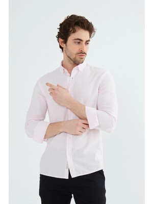 Ravanelli Sarte - Erkek Slim Fit Dar Kesim Düğmeli Yaka Keten Görünümlü %100 Pamuk Flamlı Gömlek