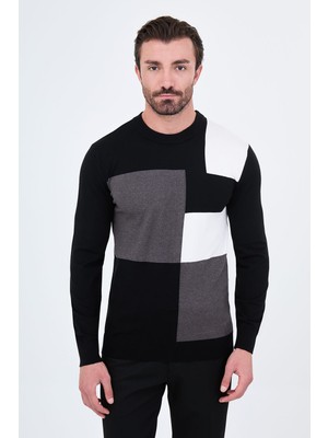 MCR Parça Desenli Slim Fit Bisiklet Yaka Kaşmir Erkek Triko Kazak