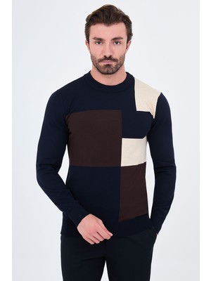 MCR Parça Desenli Slim Fit Bisiklet Yaka Kaşmir Erkek Triko Kazak