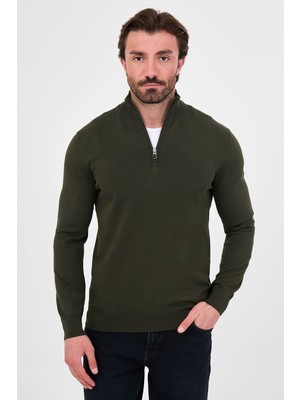 MCR Düz Slim Fit Dik Yaka Fermuarlı Pamuk Erkek Triko Kazak