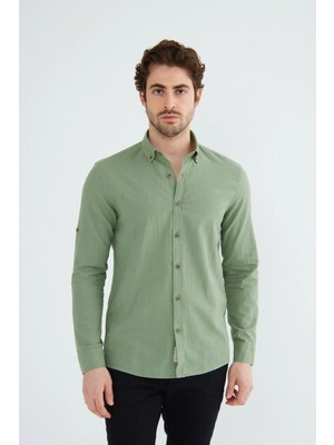 Ravanelli Sarte - Erkek Slim Fit Dar Kesim Düğmeli Yaka Keten Görünümlü %100 Pamuk Flamlı Gömlek