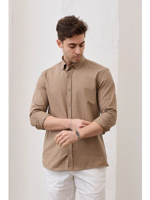Ravanelli Sarte - Erkek Slim Fit Dar Kesim Düğmeli Yaka Keten Görünümlü %100 Pamuk Flamlı Gömlek