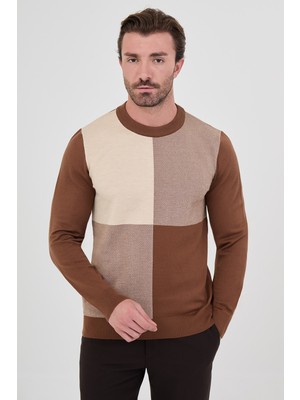 MCR Kare Desenli Slim Fit Bisiklet Yaka Kaşmir Erkek Triko Kazak