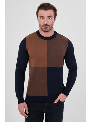 MCR Kare Desenli Slim Fit Bisiklet Yaka Kaşmir Erkek Triko Kazak