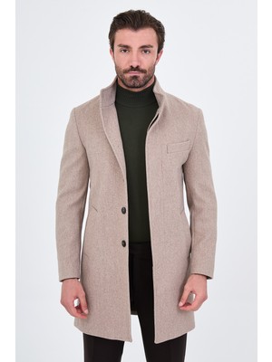 MCR Düz Slim Fit Dik Yaka Gizli Düğmeli Yandan Cepli Yün Erkek Kaşe Kaban