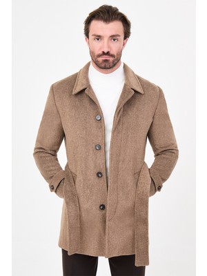 MCR Düz Slim Fit Gömlek Yaka Kuşaklı Kaşe Erkek Kaban