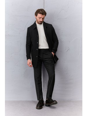 MCR Dokulu Slim Fit Gömlek Yaka Düğmeli Torba Cepli Yün Erkek Kaban