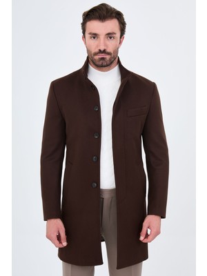 MCR Düz Slim Fit Dik Yaka Gizli Düğmeli Yandan Cepli Yün Erkek Kaşe Kaban