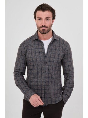 MCR Kareli Slim Fit Klasik Yaka Oduncu Uzun Kollu Erkek Gömlek