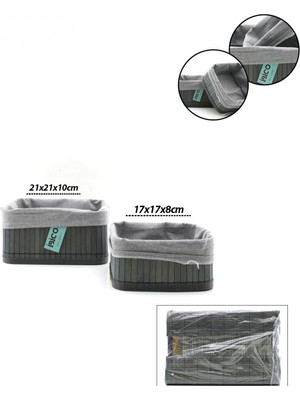 Pileli Store Gri 2 Boy Kare Bambu Kenar Organizer Sepet Ahşap Altlık - Bezli 18X21CM (4887)