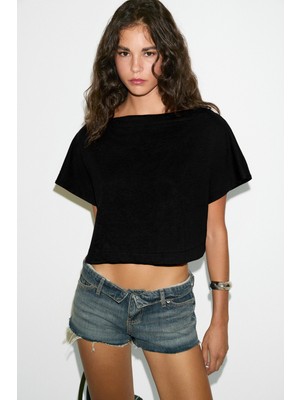Ethiquet Iberıs Kadın %100 Organik Pamuklu Kayık Yakalı Rahat Kalıp Siyah T-Shirt