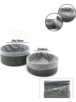 Pileli Store Gri 2 Boy Yuvarlak Bambu Kenar Organizer Sepet Ahşap Altlık - Bezli ÇAP=22X24CM (4887)