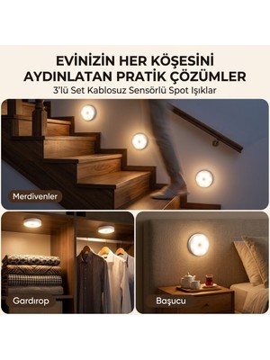Gaman Günışığı Kablosuz Şarjlı Sensörlü Spot Işık 3'lü Set - Yapışkanlı Merdiven, Gardırop, Tezgah Altı ve Başucu Aydınlatması