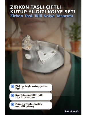 Eco Lounge Zirkon Taşlı Çiftli Kutup Yıldızı Kolye 2 Adet 45 cm Zincir Pirinç Kadın Takı BX-313622