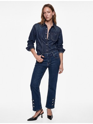Koton Yüksek Bel Dar Kesim Pamuklu Cepli Düğmeli Kısa Ispanyol Paça Denim Pantolon - Kick Flare Jeans