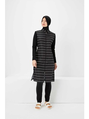 Haşema Nehar Siyah Tesettür Mayo N20-6083 Beyaz Çizgili Boru Paça Modeli Su İtici Özellikte Kadınlar İçin