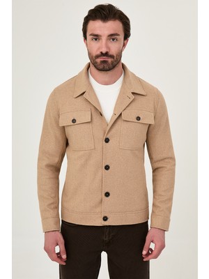 MCR Düz Slim Fit Gömlek Yaka Düğmeli Kaşe Erkek Mont