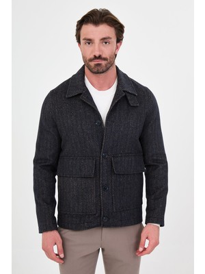 MCR Dokulu Slim Fit Gömlek Yaka Torba Cep Yün Erkek Mont