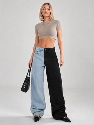Shevega Kadın Çift Renkli Bol Paça  Jeans Denim Pantolon
