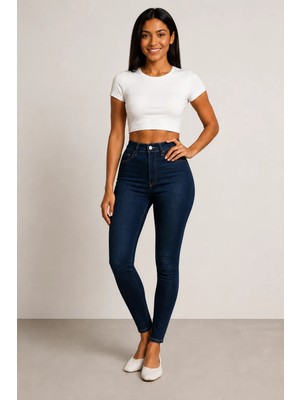 Shevega Lacivert Kadın Rahat Kalıp Esnek Likralı Slim Fit Dar Paça Denim Pantolon