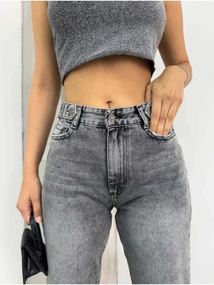 Shevega Kadın Füme Yüksek Bel Kemer Detaylı Fit Mom Jean Boyfriend Kot Pantolon