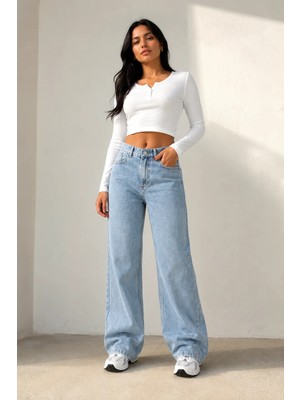 Shevega Kadın Buz Kar Yüksek Bel Bol Paça Denim/kot Pantolon Jeans