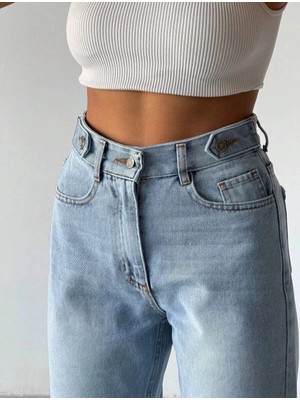 Shevega Kadın Buz Mavi Yüksek Bel Kemer Detaylı Fit Mom Jean Boyfriend Kot Pantolon