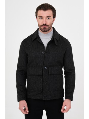 MCR Dokulu Slim Fit Gömlek Yaka Torba Cep Yün Erkek Mont