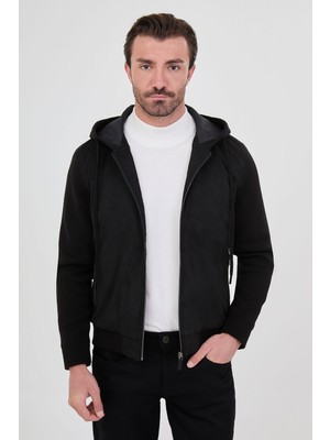 MCR Slim Fit Süet Gövdeli Triko Kollu Kapşonlu Fermuarlı Erkek Mont