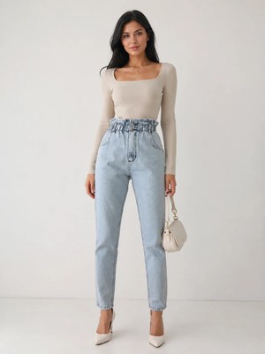 Shevega Kadın Yüksek Bel Kemer Büzgülü Mom Jeans Kot  Buz Mavi Pantolon