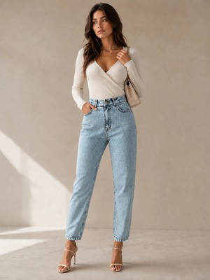 Shevega Kadın Yüksek Bel Mom Buz Mavi Denim Jeans