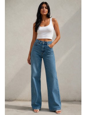 Shevega Kadın Tintli Yüksek Bel Bol Paça Denim/kot Pantolon Jeans