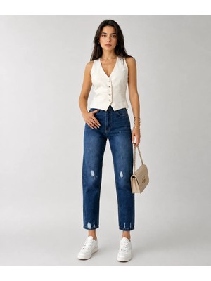 Shevega Lacivert Yüksek Bel Yırtık Detaylı Boyfriend Mom Jean Kot Pantolon