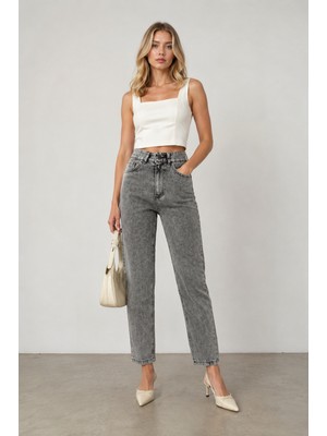 Shevega Kadın Yüksek Bel Mom Gri Karsiyah Denim Jeans